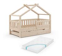 VitaliSpa Cama en Forma de casa Design, Madera Natural, 80x160 cm | con cama de invitados y colchón, apto como zona de juego y descanso para niños