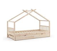 VitaliSpa Cama en Forma de casa Design, Madera Natural, 90x200 cm con Cama de Invitados, con Barrera de protección anticaídas y somier para un Descanso Seguro