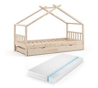 VitaliSpa Cama en Forma de casa Design, Madera Natural, 90x200 cm con Cama de Invitados y colchón, con Barrera de protección anticaídas y somier para un Descanso Seguro