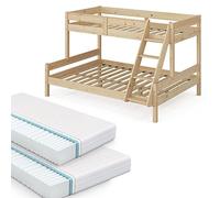 VitaliSpa Litera Everest, Madera Natural, 140x200 / 90x200 cm con 2 colchones, con Escalera integrada y Sistema de somier Estable