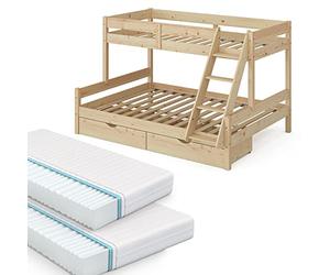 VitaliSpa Litera Everest, Madera Natural, 140x200 / 90x200 cm con 2 colchones y 2 cajones, con Escalera integrada y Sistema de somier Estable