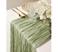 Vitalizart Camino de Mesa en Lienzo Verde Salvia 88,9 x 305 cm Mantel Rústico en Tejido de Gasa Transparente Mantel de Boda Boho Decoración de Mesa para Festival, Fiesta, Cumpleaños y Arco