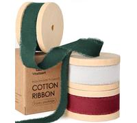 Vitalizart Cinta de Algodón Blanco & Verde Oscuro & Burdeos Natural Hecha a Mano 1,6 cm x 19,2 m (3 Rollos x 6,4 m), Cinta de Tela para Invitaciones de Boda, Ramos de Novia, Envolver Regalos