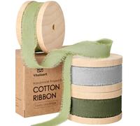 Vitalizart Cinta de Algodón Gris & Verde Natural Hecha a Mano 1,6 cm x 19,2 m, Cinta de Tela para Invitaciones de Boda, Ramos de Novia, Envolver Regalos