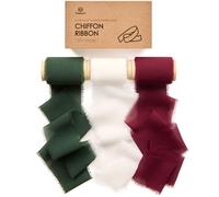 Vitalizart Cinta de Gasa Verde Oscuro & Blanco & Burdeos 5 cm x 13,7 m, Cinta de Regalo Ancha con Flecos Deshilachados para Invitaciones de Boda, Ramos de Novia, Envolver Regalos, Decoración Festiva