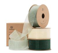 Vitalizart Cinta de Organza Blanca & Verde 2,5 cm x 27,4 m, Hecha a Mano, Cintas de Tela para Envolver Regalos, Árboles de Navidad, Bricolaje, Lazos, Invitaciones de Boda, Coronas de Flores