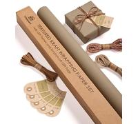 Vitalizart Papel de Regalo Kraft Rollo de 76 cm x 5 m con Cordones Cintas & Etiquetas para Regalos, Juego de Papel Marrón para Envolver Regalos de Cumpleaños, Navidad, Baby Showers & Bodas.