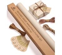 Vitalizart Papel de Regalo Kraft Rollo de 76 cm x 5 m con Cordones Cintas & Etiquetas para Regalos, Juego de Papel Beige para Envolver Regalos de Cumpleaños, Navidad, Baby Showers & Bodas.