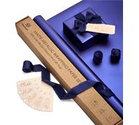 Vitalizart Papel de Regalo Metalizado Azul Marino 43 cm con 3 Rollos de Cintas con Flecos Azul Marino y 6 Etiquetas de Regalo, Set de Papel de Regalo Impermeable para Cumpleaños, Boda, Navidad