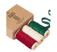 Vitalizart Set de Cinta de Terciopelo de Navidad 0.95 cm x 13.7 m con Carrete de Madera, Cinta de Tela Rojo & Blanco & Verde 3 Rollos*4.57 m para Adornos Navideños, Manualidades y Coronas de Regalo