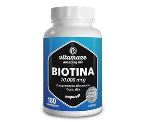 Vitamaze® Biotina 10.000 mcg, 6 Meses de Alta Dosis, con 180 Comprimidos Veganos, Vitaminas para el pelo con 10 mg de Biotina para el cabello, Vitaminas Para el Cabello, Piel y Uñas.