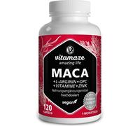 Maca Pura en Cápsulas, Altamente Concentrada con 5000 mg + L-Arginina + Vitamina B6, B12 + OPC + Zinc, 120 Cápsulas de Maca Andina para 1 Mes, sin Aditivos Innecesarios, Calidad Alemana