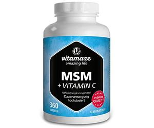 Vitamaze® MSM Capsulas con Vitamina C, 360 Capsulas durante 6 Meses, 1334 mg de Dosis Diaria de Micronizado Azufre Polvo Organico, 99,9% de Metilsulfonilmetano Puro, Suplemento de calidad de Alemania