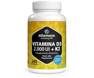 Vitamaze® Vitamin D3 K2 high dose, 2000 IU Vitamina D3 + 100 mcg Vitamina K2 MK7 All Trans, 240 comprimidos Vitamina D sin aditivos innecesarios, Fabricado en Alemania