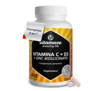 Vitamaze Vitamina C 1000 mg con D3 1000 UI y Zinc 10 mg, 400 cápsulas | Para el sistema inmunológico y antioxidante. Bisglicinato de zinc. 400 capsulas. Sin aditivos. Fabricado en Alemania