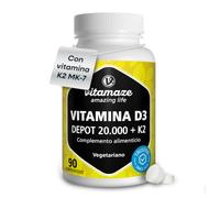 Vitamaze Vitamina D3 20.000 UI + K2 Alta Dosis, 90 Comprimidos, Vegetariano | 20.000 UI Vitamina D3 + 200 µg Vitamina K2 MK7 por comprimido, 1.000 UI al día