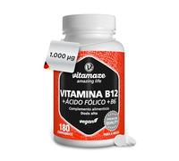 Vitamina B12 1000 mcg con Ácido Fólico 375 mg B9 y Vitamina B6, Tres Vitaminas B para Múltiples Beneficios, Energía y Sistema Inmune, 180 Comprimidos Veganos, Calidad Alemana. Vitamaze®