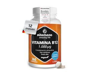 Vitamina B12 1000mcg Sublingual de Alta Absorción - Reduce el Cansacio y Apoya el Sistema Inmunológico - 360 Comprimidos Veganos de Metilcobalamina Pura de B12 sin Aditivos - Calidad Alemana.Vitamaze®