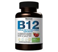 Vitamina B12 Sublingual 1000mcg - 120 Comprimidos Sabor Fresa | Suplemento Vitamínico con Metilcobalamina para el Desarrollo Celular, favoreciendo la producción de Energía | Vermont Supplements
