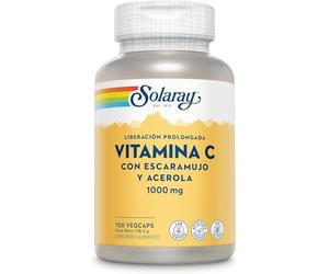 Vitamina C 1000 mg - 100 cápsulas veganas no tabletas - Suplemento VIT C de alta resistencia con ácido ascórbico, cereza acerola y rosa mosqueta - verificado en laboratorio Solaray
