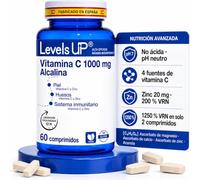 Vitamina C 1000 mg Alcalina No Acida con Zinc, 60 comprimidos, Levels UP | 500 mg por toma con liberacion prolongada 12 h, ascorbato de calcio y magnesio con acerola, suave con el estomago, vegano