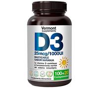 Vitamina D 1000UI - 120 Comprimidos Masticables de Vitamina D3 Sabor Naranja | Huesos y Dientes más fuertes, Favorece al funcionamiento del Sistema Inmunitario - Vermont Supplements