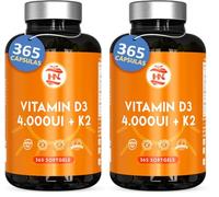 Vitamina D - 365 Cápsulas de vitamina D3 K2 - Vitamina D (4000 UI) altamente concentrada. Favorece la función inmunológica y ósea - 365 cápsulas (Paquete de 2)