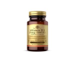 Vitamina D3 1000 UI 100 comprimidos masticables con sabor natural a fresa y plátano. Solgar