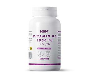 Vitamina D3 1000 UI de HSN | 120 Perlas | Suplemento de Vitamina D Colecalciferol | Funcionamiento normal del sistema inmunitario | Con Aceite de Lino para Mejorar la Absorción | No-GMO, Sin Gluten