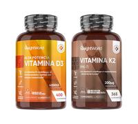 Vitamina D3 4000UI + Vitamina K2 MK-7 200μg - Pack Anual para Huesos y Sistema Inmunitario - 400 Comprimidos de D3 + 365 Comprimidos Veganos K2 ALL-TRANS, Sin OGM
