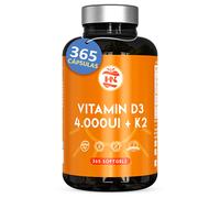 Vitamina D3 + K2 - 365 Cápsulas - Vitamina D3 4000 UI (100 µg) con Vitamina K2 MK-7 - Complemento Alimenticio