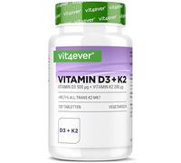 Vitamina D3 + K2 MK-7-100 Comprimidos - 20.000 UI (500 µg) de Vitamina D3 y 200 µg de K2 por Comprimido - Materia Prima Premium: 99,7+% All-Trans - Alta Pureza - Alta Dosificación - Vegetariano