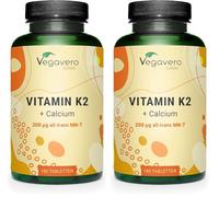 Vitamina K2 (MK-7 100% ALL-TRANS) + Calcio | Fórmula Reforzada: 200 mcg K2 + 162 mg Calcio | PARA 6 MESES | Forma Totalmente Pura Trans Menaquinona-7 | Sin Aditivos y Vegano | Vegavero (Paquete de 2)