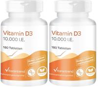 Vitamintrend Vitamina D3 10.000 UI, 180 comprimidos, fácil de tragar, alta dosis, colecalciferol, complemento alimenticio sin estearato de magnesio, fabricado en Alemania (Paquete de 2)