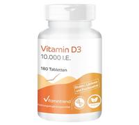 Vitamintrend Vitamina D3 10.000 UI, 180 comprimidos, fácil de tragar, alta dosis, colecalciferol, complemento alimenticio sin estearato de magnesio, fabricado en Alemania