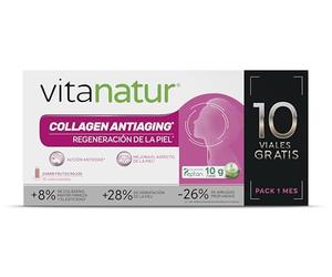 Vitanatur - Collagen Antiaging, Complemento Alimenticio, Ayuda a Mantener la Piel en Buen Estado, Acción Antiedad, Colágeno Hidrolizado, Ácido Hialurónico y Vitamina C, Sabor Frutos Rojos - 10 Viales