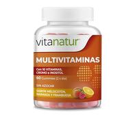 Vitanatur - Multivitaminas Gummies, Complemento Alimenticio con 10 Vitaminas, Cromo e Inositol, con Edulcorantes y Sin Azúcar, Sabor Melocotón, Naranja y Frambuesa - 60 Gummies