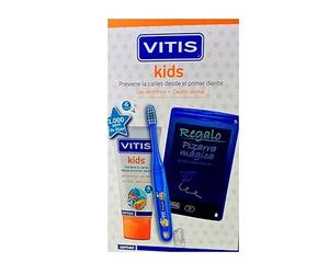 Vitis Kids PACK Gel Dentífrico Con Fluor Sabor Cereza, 50ml (+de 6 meses) +Cepillo Dental +3 AÑOS, REGALO PIZARRA MÁGICA.
