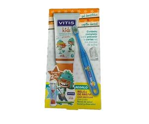 Vitis Kids PACK Gel Dentífrico Con Fluor Sabor Cereza, 50ml (+de 6 meses) +Cepillo Dental +3 AÑOS, REGALO PIZARRA MÁGICA.