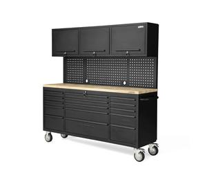 VITO - Banco de trabajo sobre ruedas Diseño - Armario con 3 puertas 182 x 51 x 186 cm 15 cajones con freno - Tablero de madera Capacidad de carga 500kg