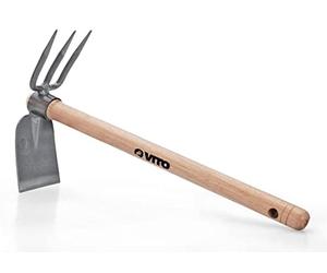 VITO Garden - Azada de doble pico de 3 dientes con mango de madera - Longitud del mango 40 cm - Azada de combinación muy estable - Azada para desyerbar - Herramienta de jardín pequeña tradicionalmente