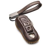 Vitodeco Genuine Leather Smart Key Fob Case with Leather Key Strap Compatible for Porsche 718, Porsche 911, Porsche Panamera, Porsche Cayenne (3-Button, Brown)
