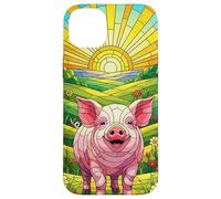 Vitral Cerdo Granja Animal Cerdo diseño gráfico Caso Carcasa para iPhone 14 Plus