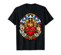 Vitral Sagrado Jesús Corazón y Llamas Arte Devoción Camiseta
