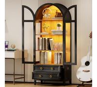 Vitrina arqueada con puertas de cristal, estantes de curiosidades de 4 niveles de 71 pulgadas de alto, luces LED, estuche de almacenamiento para coleccionables, sala de estar, dormitorio, oficina