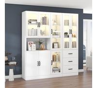 Vitrina blanca con estantes, estanterías con puertas, gran aparador de cocina, armario de almacenamiento, estantería de lujo con luz LED, vitrina con estantes para sala de estar, dormitorio (180L x
