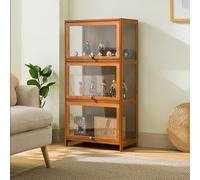 Vitrina con puerta de vidrio acrílico, bambú natural, almacenamiento de 1 a 5 niveles, alta capacidad, puerta abatible para coleccionables