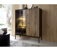 Vitrina de 2 puertas con LED en MDF y vidrio ahumado - Negro y Natural - OVILA