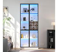 Vitrina de 80 x 35 x 200 cm, con puertas de cristal con LED, armario alto, librería, vitrina de pie, elegante aparador con puertas dobles, estante de cristal y soporte para vinos