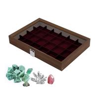 Vitrina de con tapa de , 24 rejillas, interior de terciopelo | Caja expositora para joyas, muestras minerales, sala de estudio, aula, educación geológica, color negro y rojo